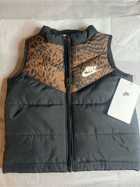 Nike Kids Black Puffer Vest with Brown Animal-Print Yoke